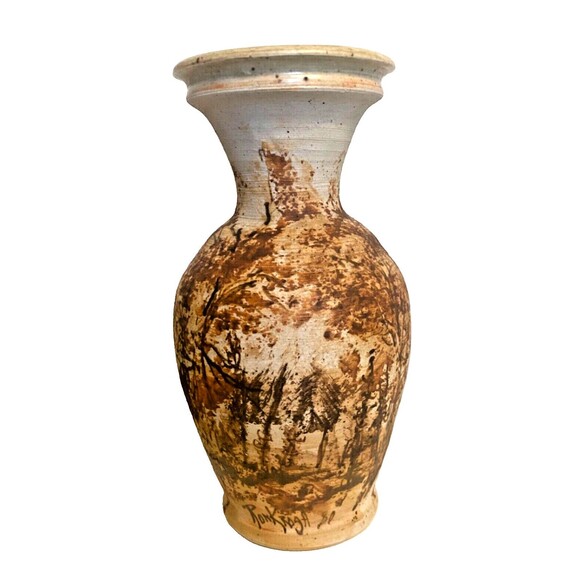 VTG 1980 RON KROGH Vase LANDSCAPE Nature Trees CERAMIC ART POTTERY Signed Etched - Picture 2 of 12